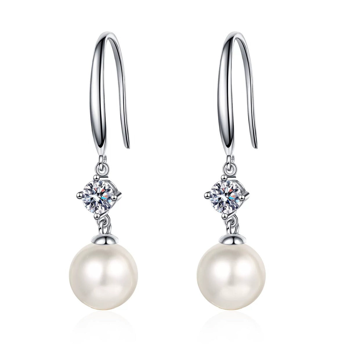 Pearl and Moissanite Hook Dangle Earrings in Rhodium-Plated S925 sterling silver white background product photo showing the pair, stone shape, and hook dangle earrings silhouette