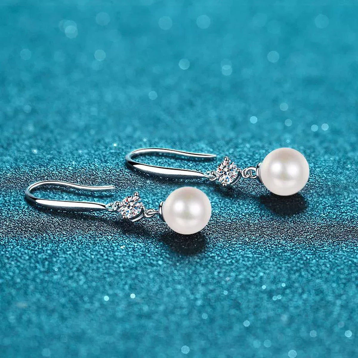 Pearl and Moissanite Hook Dangle Earrings in Rhodium-Plated S925 sterling silver product scene view showing front sparkle