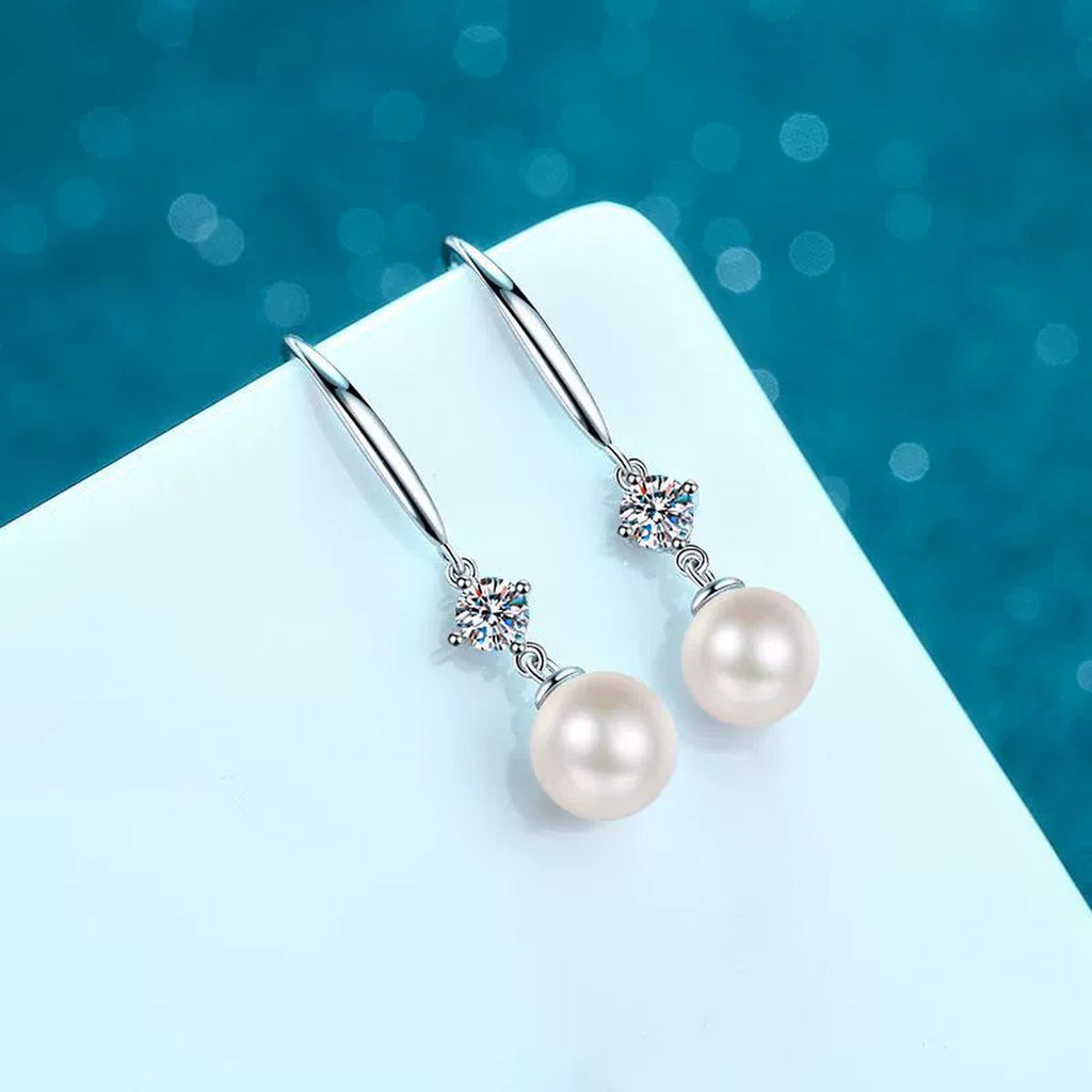 Pearl and Moissanite Hook Dangle Earrings in Rhodium-Plated S925 sterling silver product scene view showing side profile