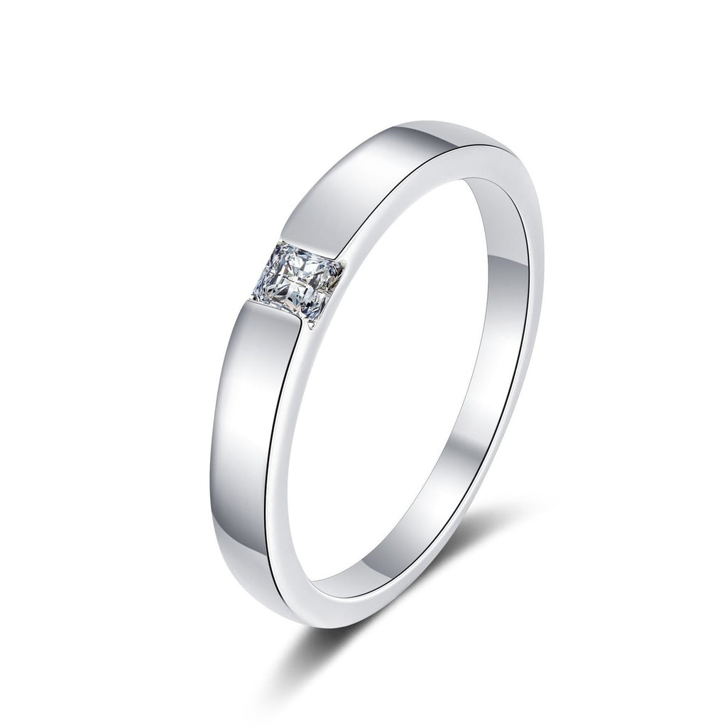 Princess Cut Moissanite Solitaire Ring in rhodium-plated S925 sterling silver on clean white background