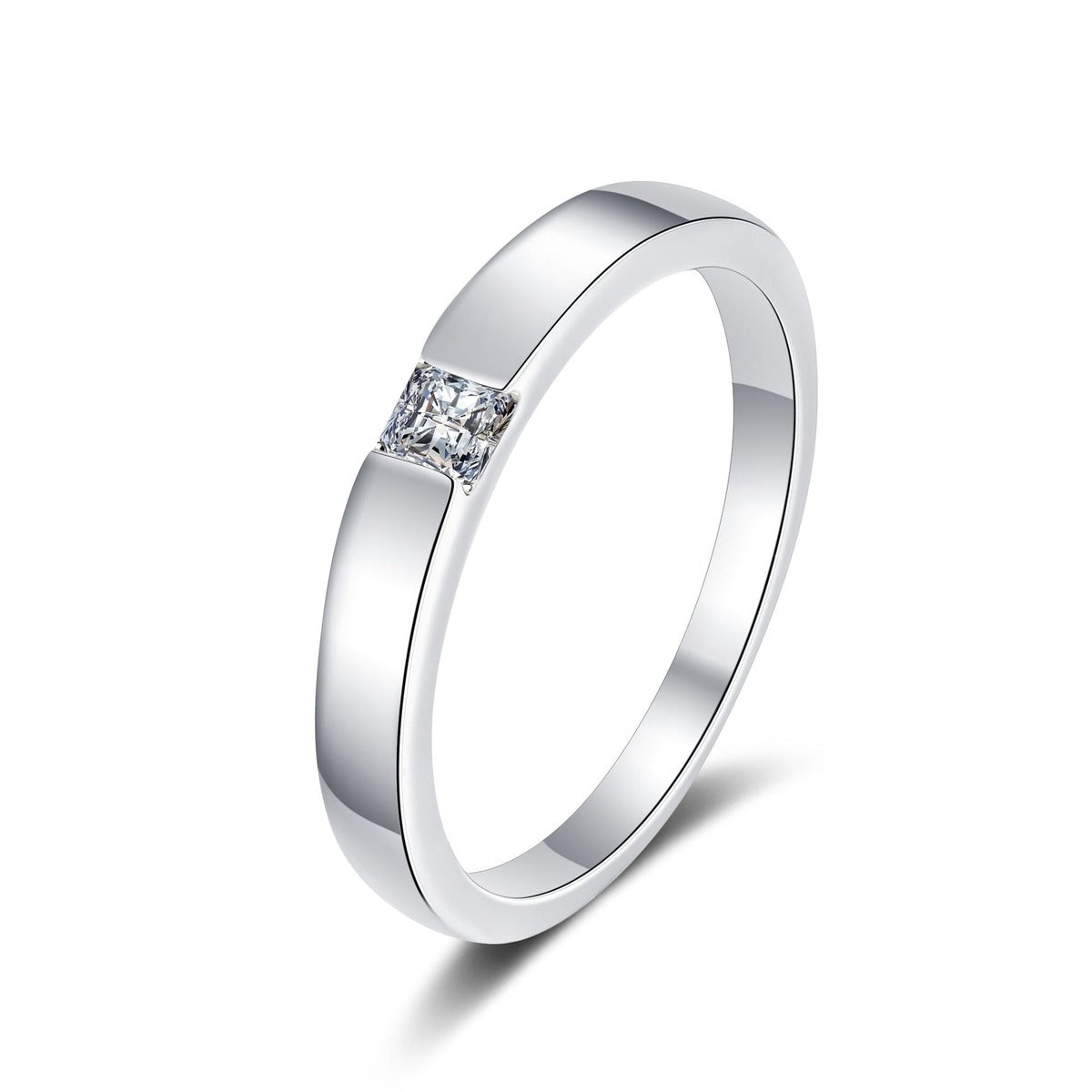 Princess Cut Moissanite Solitaire Ring in rhodium-plated S925 sterling silver on clean white background