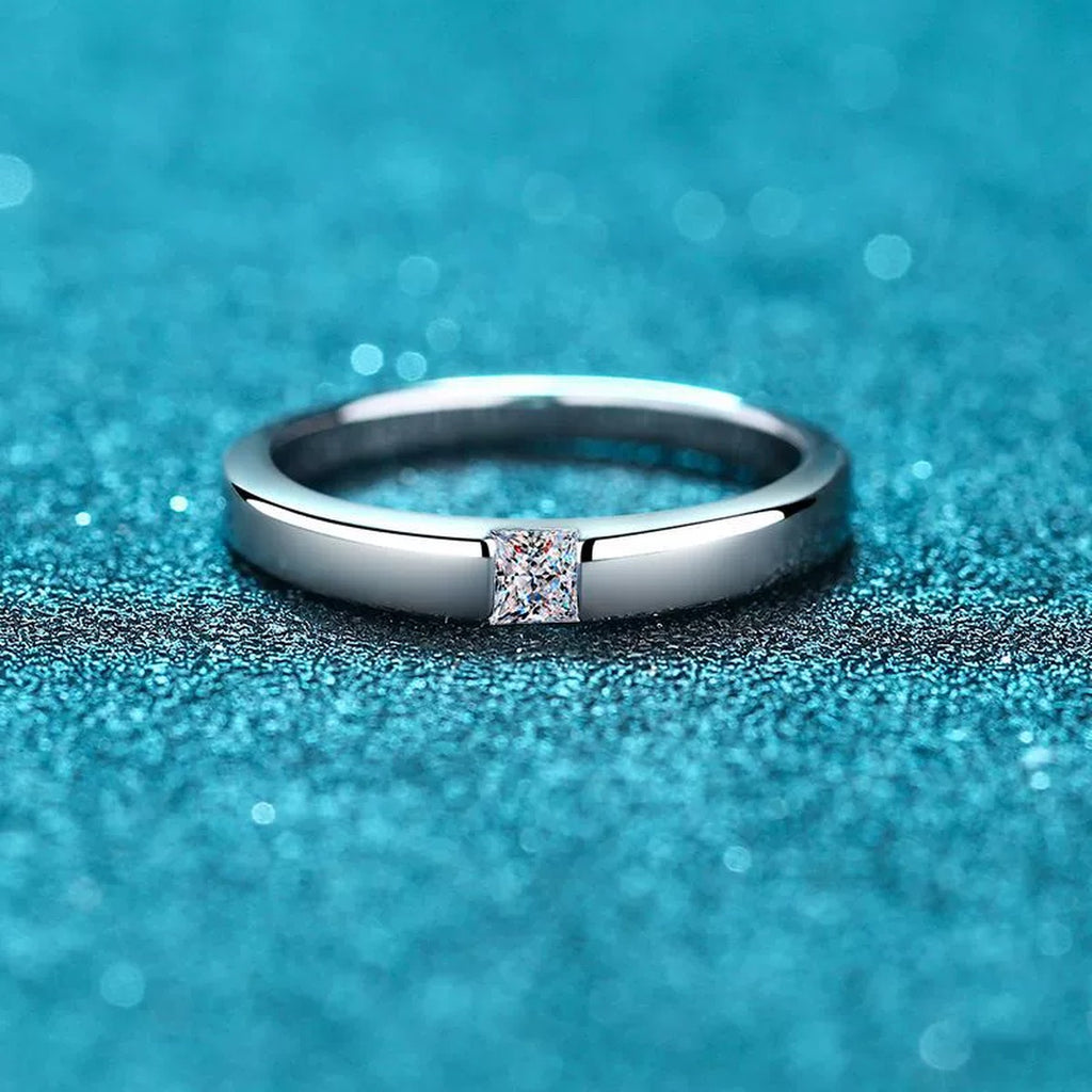 Princess Cut Moissanite Solitaire Ring product view showing moissanite setting and rhodium finish
