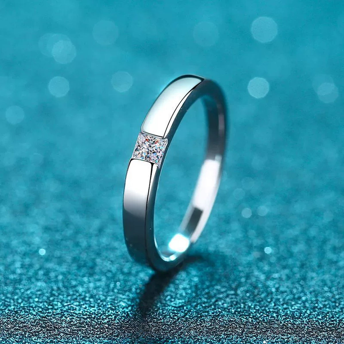 Princess Cut Moissanite Solitaire Ring product view showing moissanite setting and rhodium finish