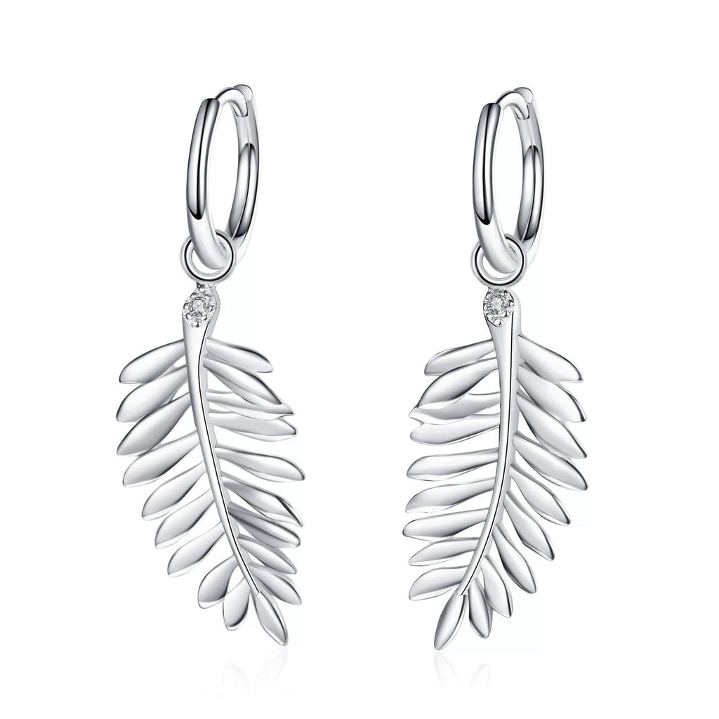 Feather Moissanite Hoop Dangle Earrings in Rhodium-Plated S925 sterling silver white background product photo showing the pair, stone shape, and dangle earrings silhouette