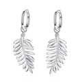 Feather Moissanite Hoop Dangle Earrings in Rhodium-Plated S925 sterling silver white background product photo showing the pair, stone shape, and dangle earrings silhouette