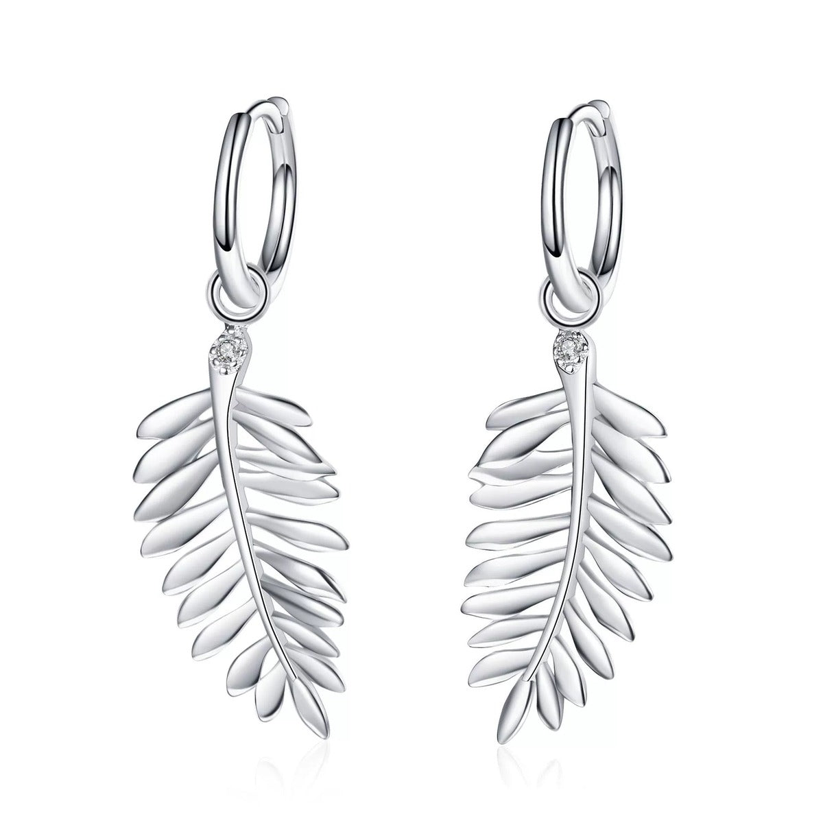 Feather Moissanite Hoop Dangle Earrings in Rhodium-Plated S925 sterling silver white background product photo showing the pair, stone shape, and dangle earrings silhouette