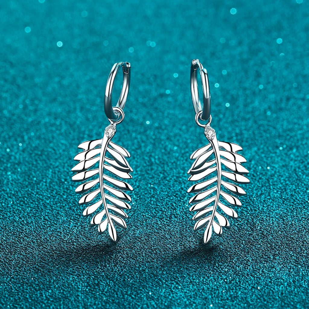 Feather Moissanite Hoop Dangle Earrings in Rhodium-Plated S925 sterling silver product scene view showing front sparkle