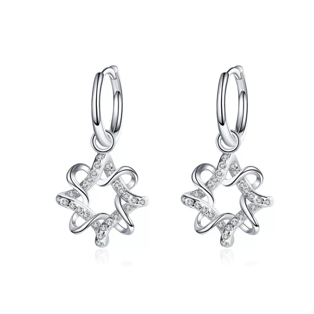 Floral Moissanite Hoop Dangle Earrings in Rhodium-Plated S925 sterling silver white background product photo showing the pair, stone shape, and dangle earrings silhouette