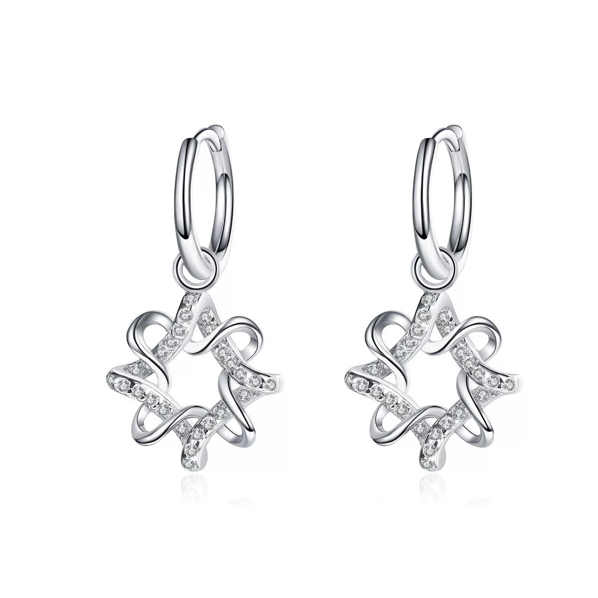 Floral Moissanite Hoop Dangle Earrings in Rhodium-Plated S925 sterling silver white background product photo showing the pair, stone shape, and dangle earrings silhouette