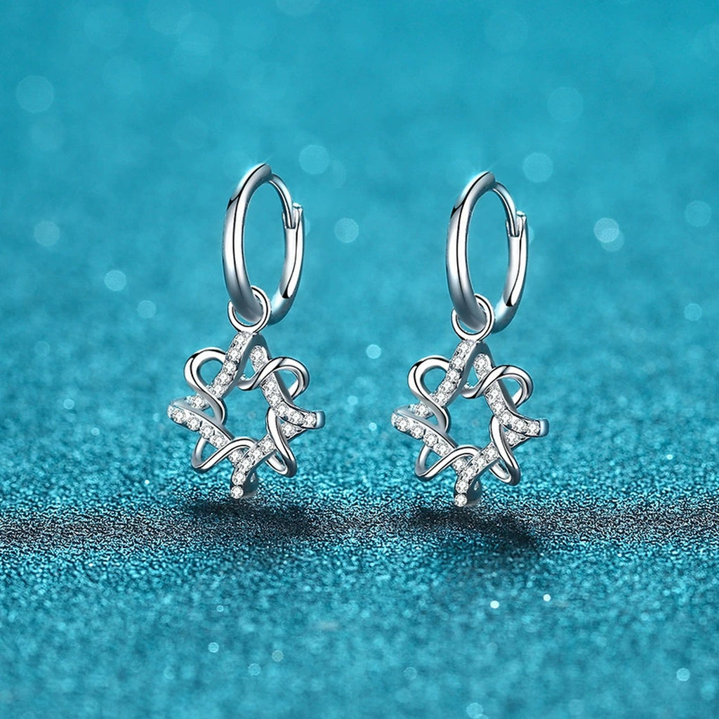 Floral Moissanite Hoop Dangle Earrings in Rhodium-Plated S925 sterling silver product scene view showing front sparkle