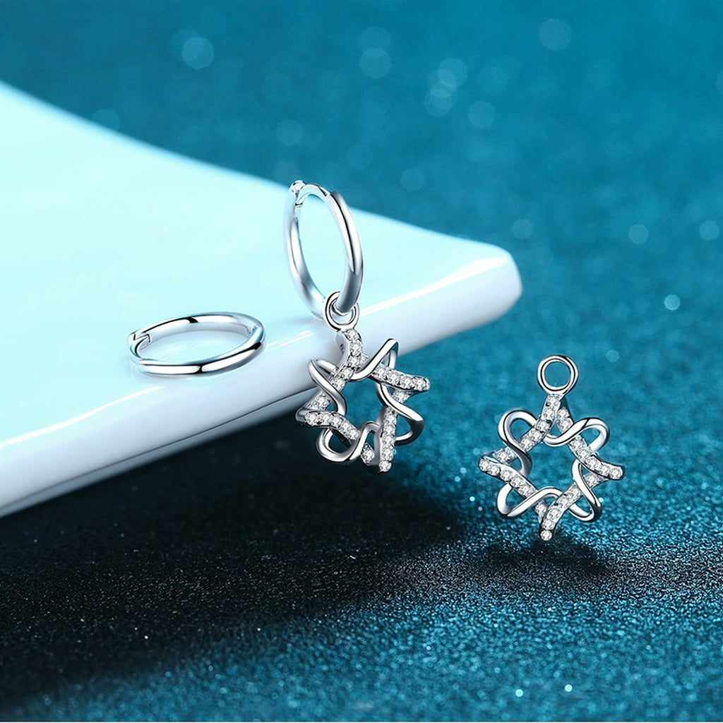 Floral Moissanite Hoop Dangle Earrings in Rhodium-Plated S925 sterling silver product scene view showing angled setting detail