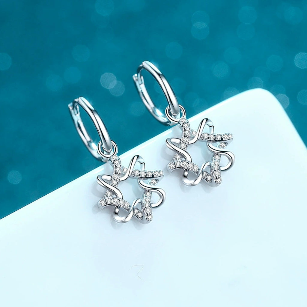Floral Moissanite Hoop Dangle Earrings in Rhodium-Plated S925 sterling silver product scene view showing side profile