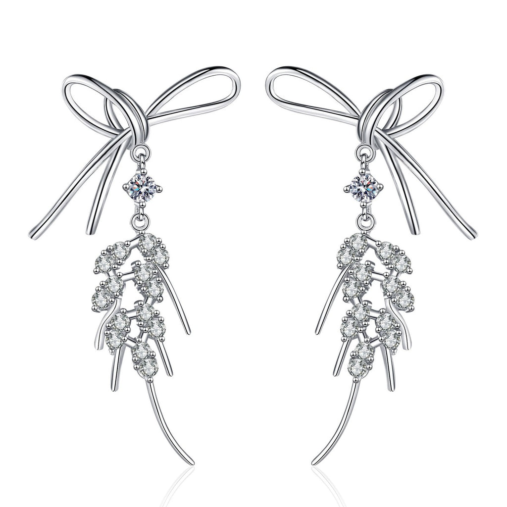 Bow Moissanite Stud Dangle Earrings in Rhodium-Plated S925 sterling silver white background product photo showing the pair, stone shape, and stud dangle earrings silhouette