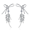 Bow Moissanite Stud Dangle Earrings in Rhodium-Plated S925 sterling silver white background product photo showing the pair, stone shape, and stud dangle earrings silhouette