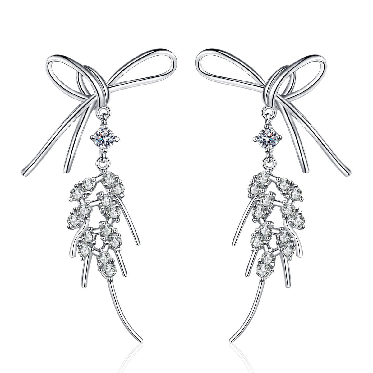 Bow Moissanite Stud Dangle Earrings in Rhodium-Plated S925 sterling silver white background product photo showing the pair, stone shape, and stud dangle earrings silhouette