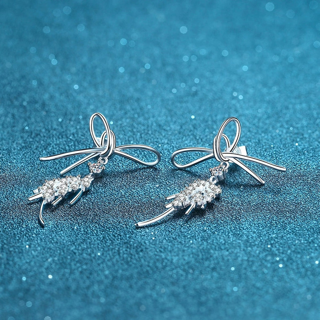 Bow Moissanite Stud Dangle Earrings in Rhodium-Plated S925 sterling silver product scene view showing angled setting detail