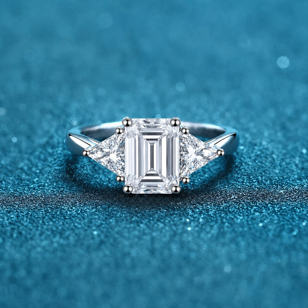 Emerald and Radiant Cut Moissanite Ring product view showing moissanite setting and rhodium finish