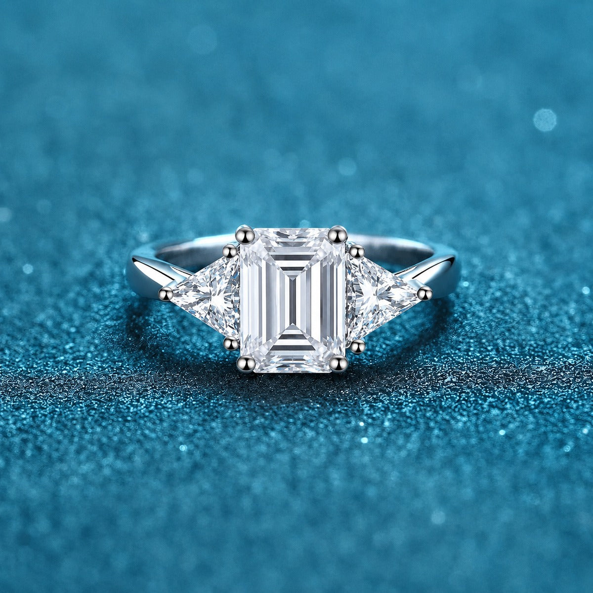 Emerald and Radiant Cut Moissanite Ring product view showing moissanite setting and rhodium finish