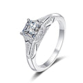 Princess Cut Moissanite Side Stone Ring with CZ in rhodium-plated S925 sterling silver on clean white background