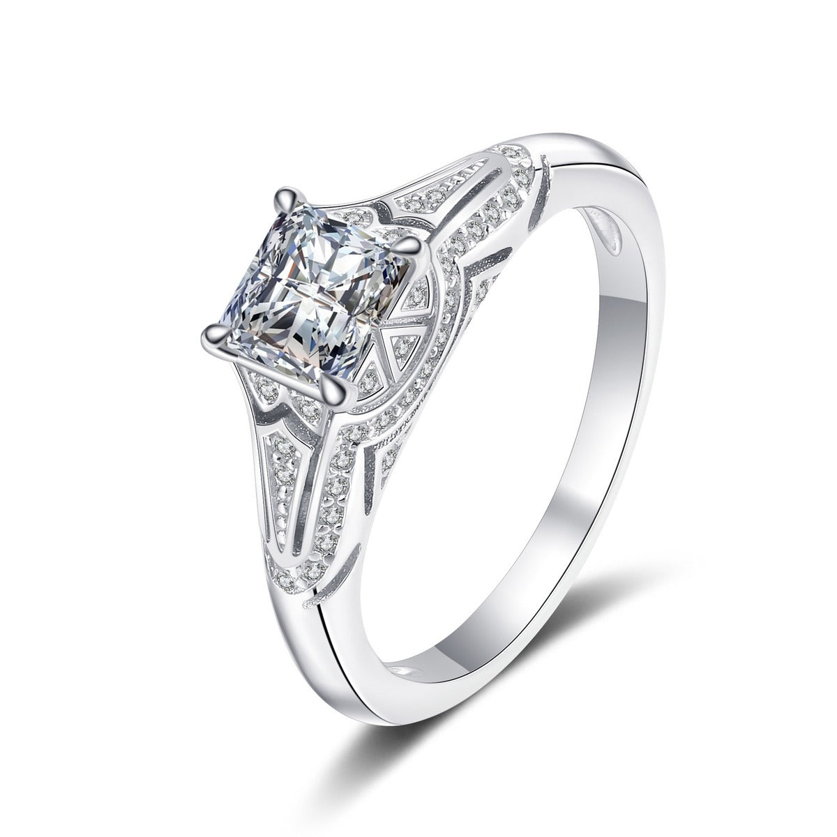 Princess Cut Moissanite Side Stone Ring with CZ in rhodium-plated S925 sterling silver on clean white background