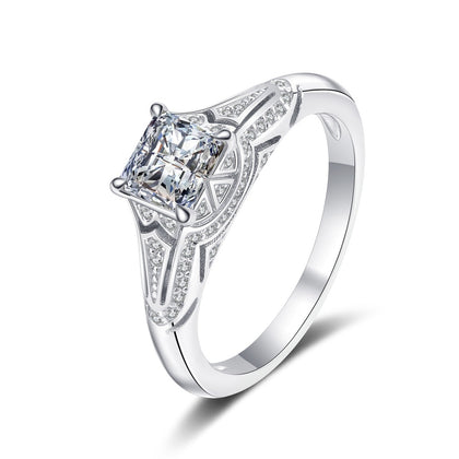 Princess Cut Moissanite Side Stone Ring with CZ in rhodium-plated S925 sterling silver on clean white background