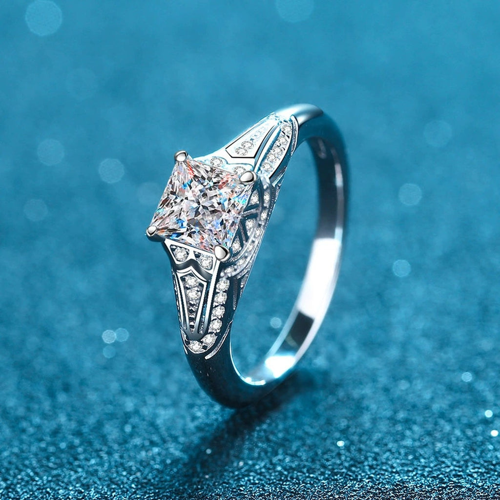 Princess Cut Moissanite Side Stone Ring with CZ product view showing moissanite setting and metal finish