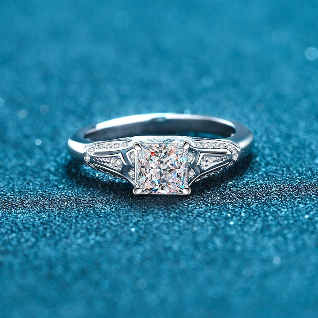 Princess Cut Moissanite Side Stone Ring with CZ product view showing moissanite setting and metal finish