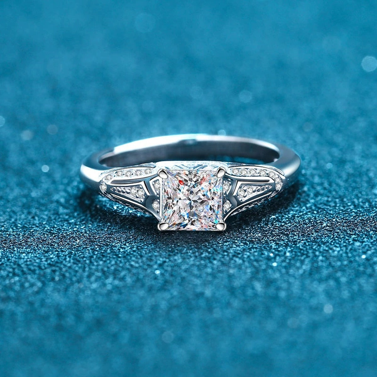 Princess Cut Moissanite Side Stone Ring with CZ product view showing moissanite setting and metal finish