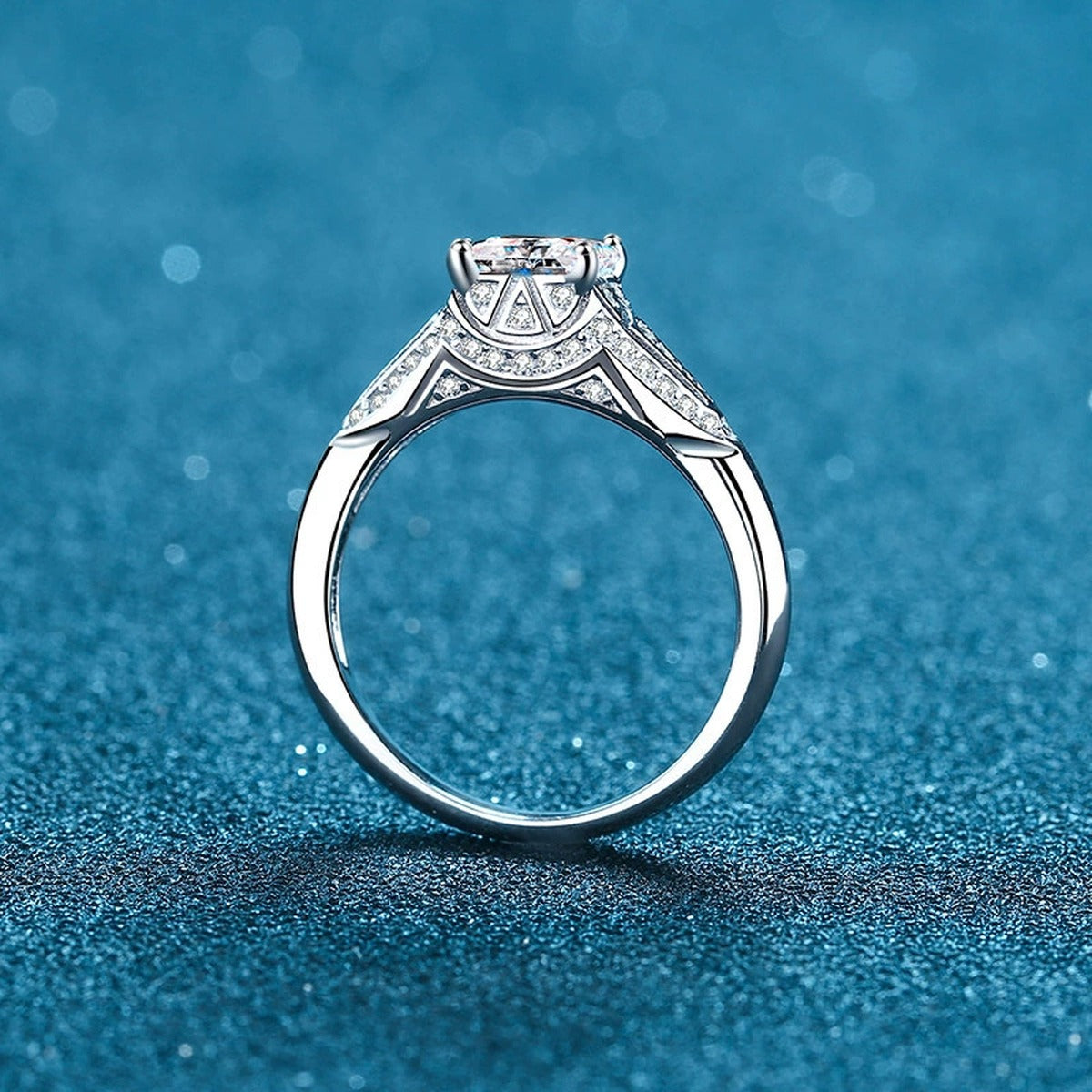 Princess Cut Moissanite Side Stone Ring with CZ product view showing moissanite setting and metal finish