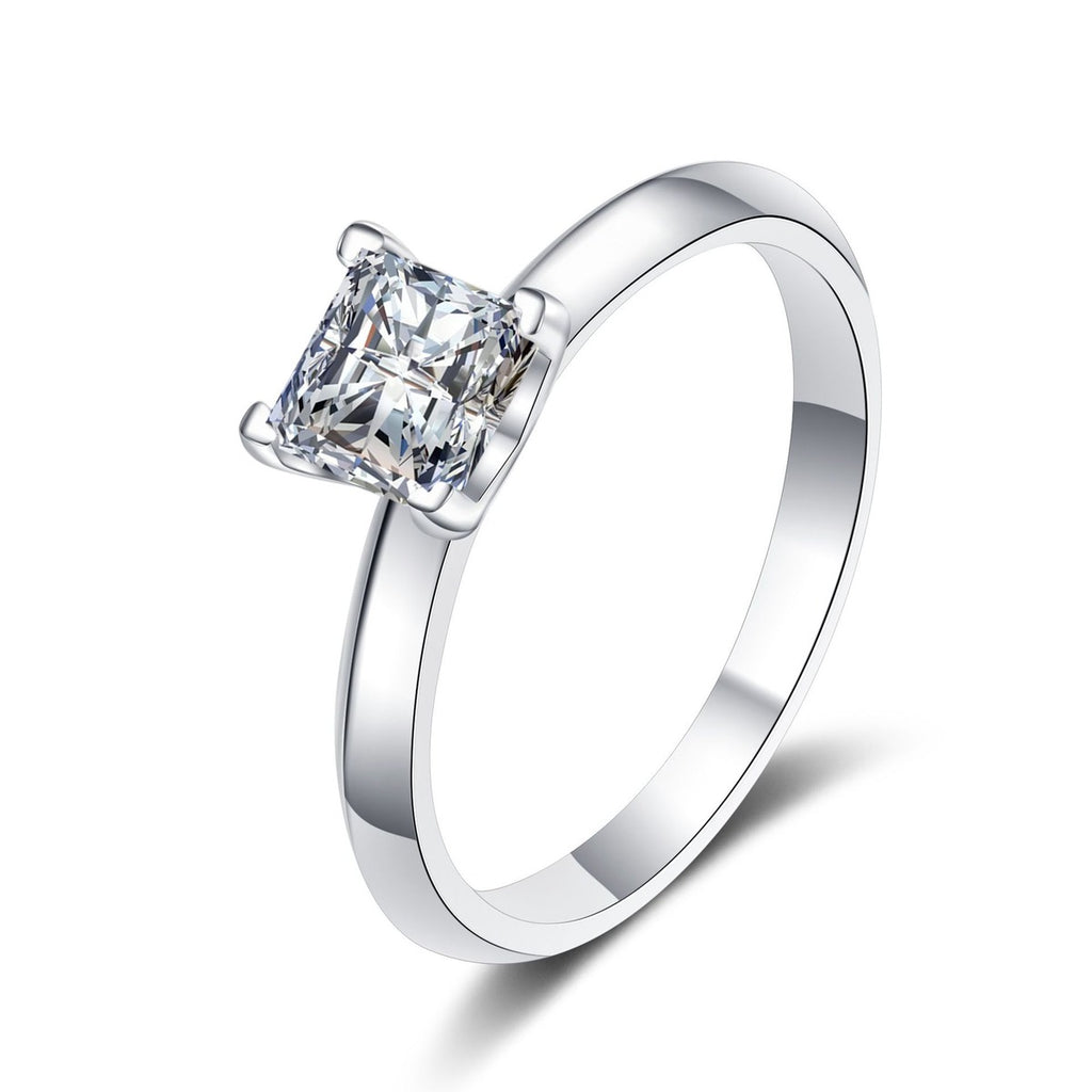 Princess Cut Moissanite Ring in rhodium-plated S925 sterling silver on clean white background