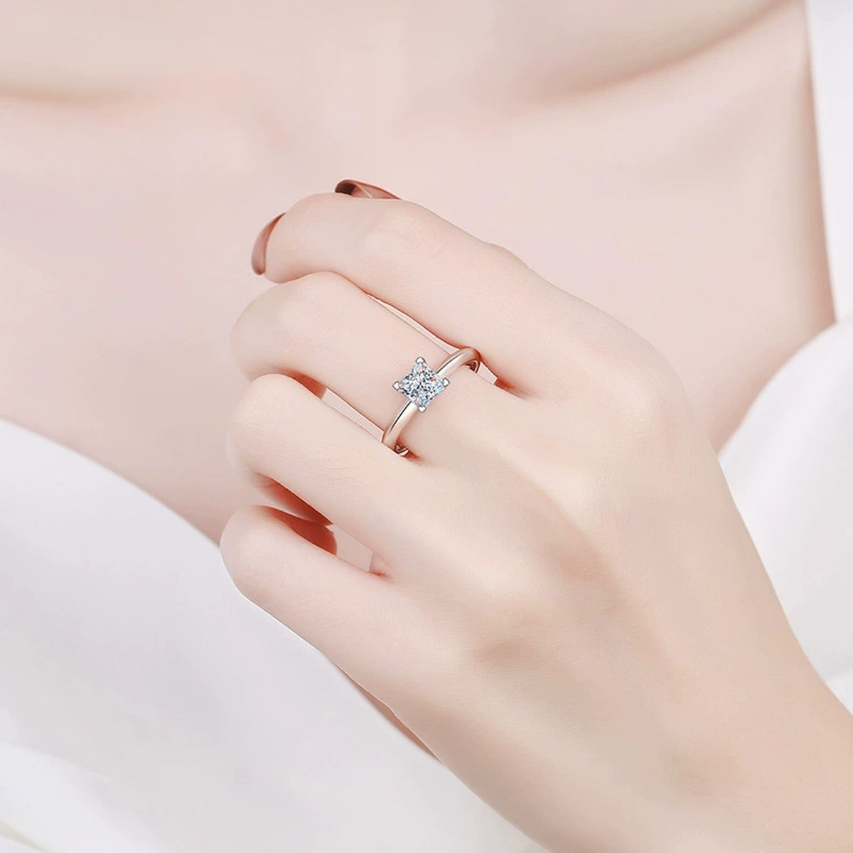 Princess Cut Moissanite Ring worn on hand to show scale and ring profile