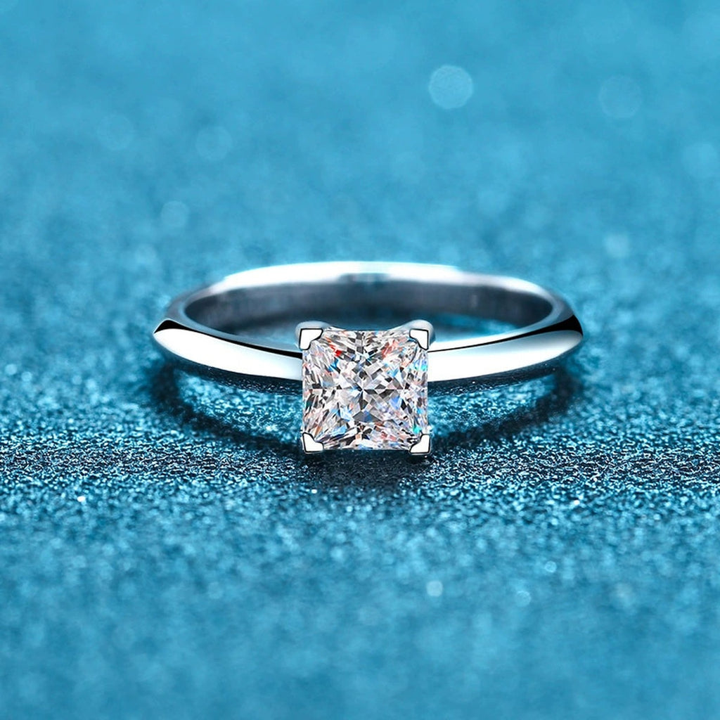 Princess Cut Moissanite Ring product view showing moissanite setting and rhodium finish