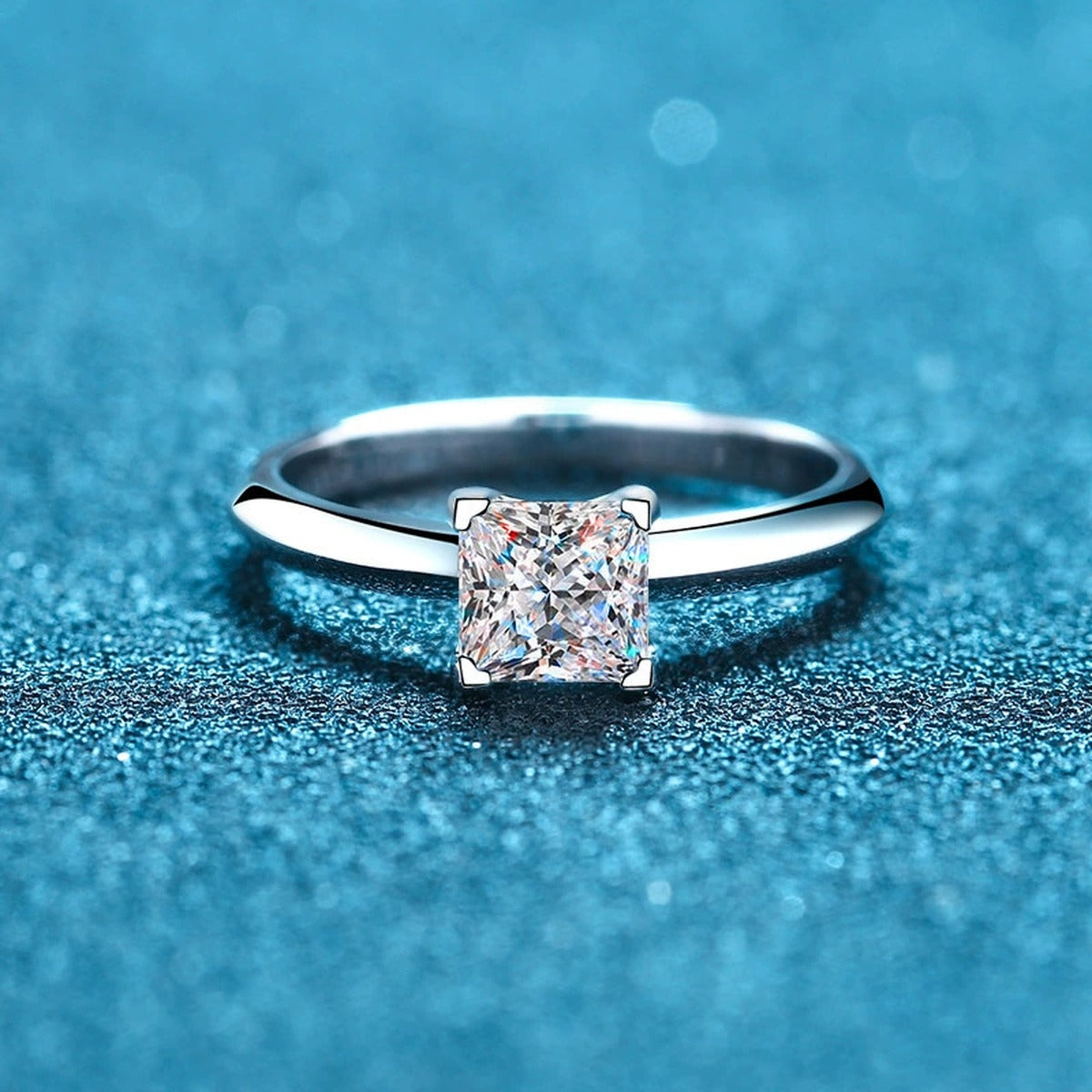 Princess Cut Moissanite Ring product view showing moissanite setting and rhodium finish