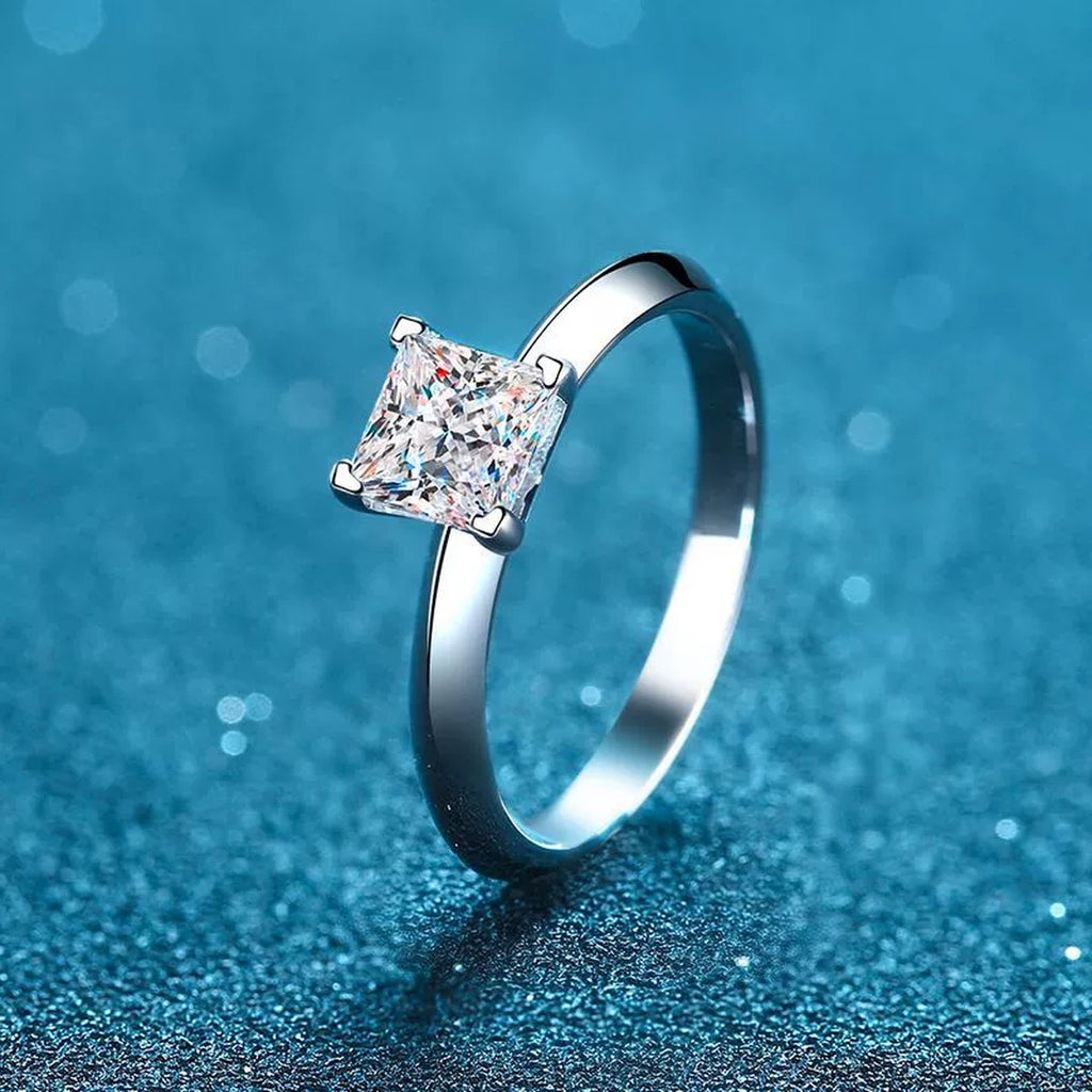 Princess Cut Moissanite Ring product view showing moissanite setting and rhodium finish