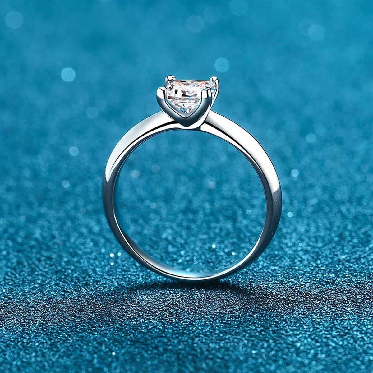 Princess Cut Moissanite Ring product view showing moissanite setting and rhodium finish