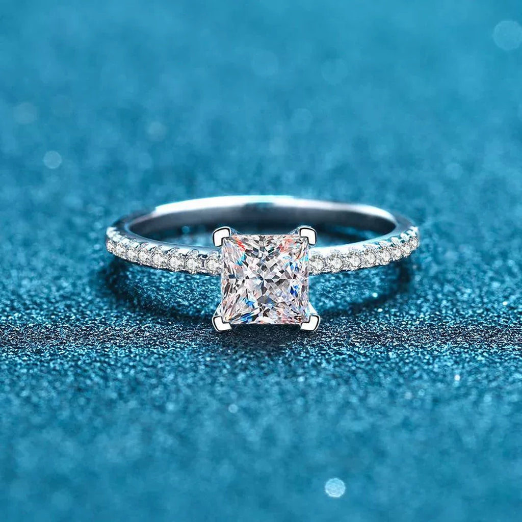 Princess Cut Moissanite Ring with CZ product view showing moissanite setting and rhodium finish