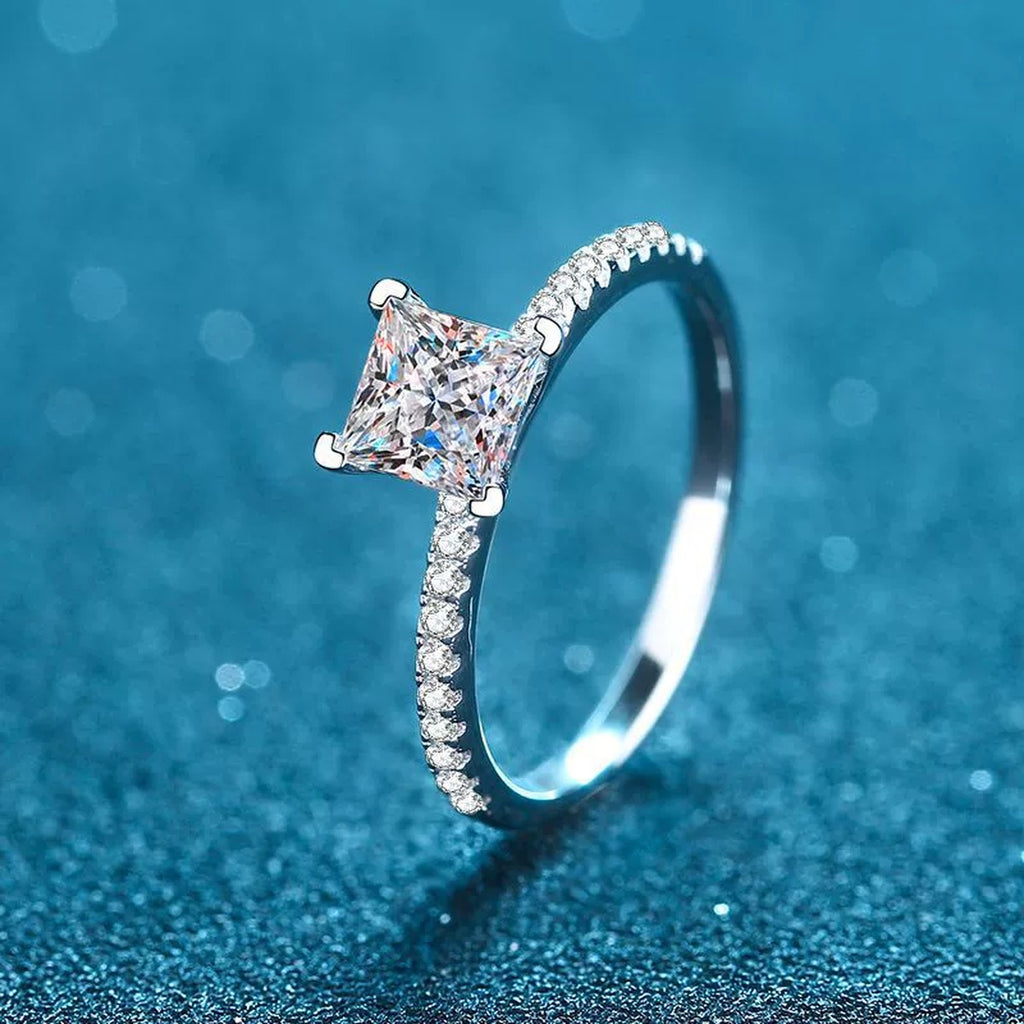 Princess Cut Moissanite Ring with CZ product view showing moissanite setting and rhodium finish