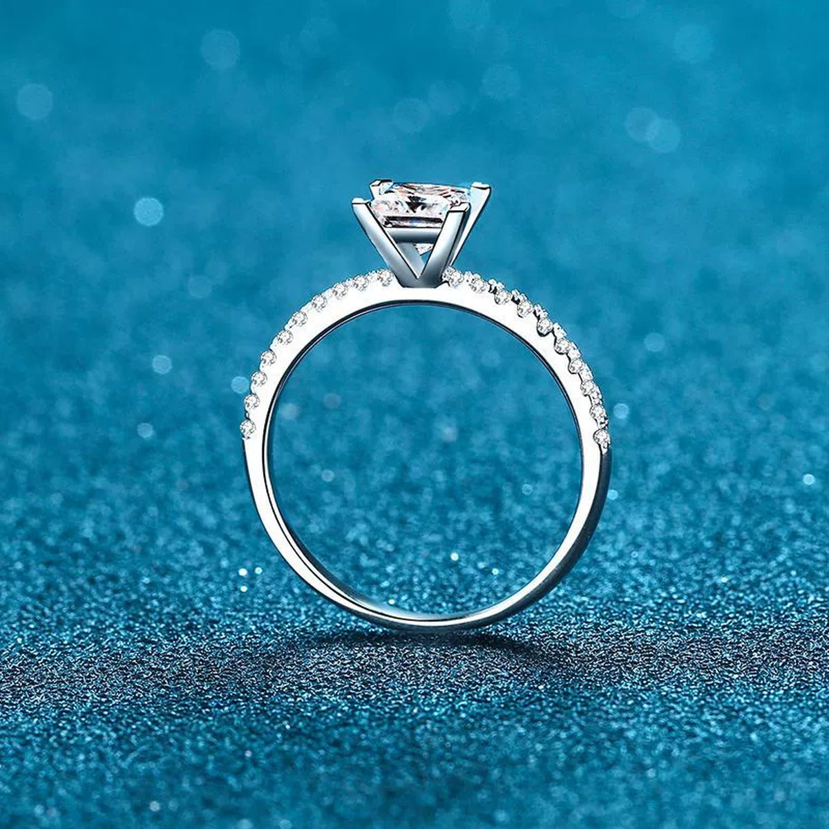 Princess Cut Moissanite Ring with CZ product view showing moissanite setting and rhodium finish