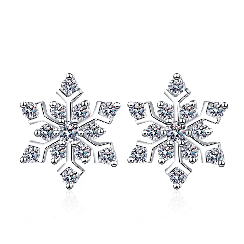 Snowflake Moissanite Stud Earrings in Rhodium-Plated S925 sterling silver white background product photo showing the pair, stone shape, and stud earrings silhouette