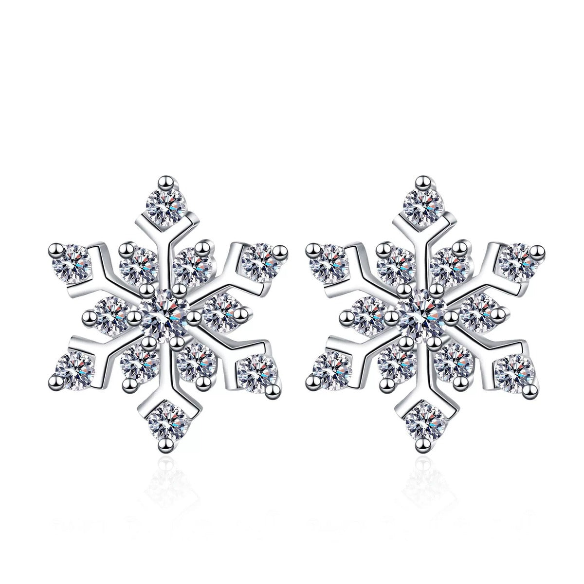 Snowflake Moissanite Stud Earrings in Rhodium-Plated S925 sterling silver white background product photo showing the pair, stone shape, and stud earrings silhouette