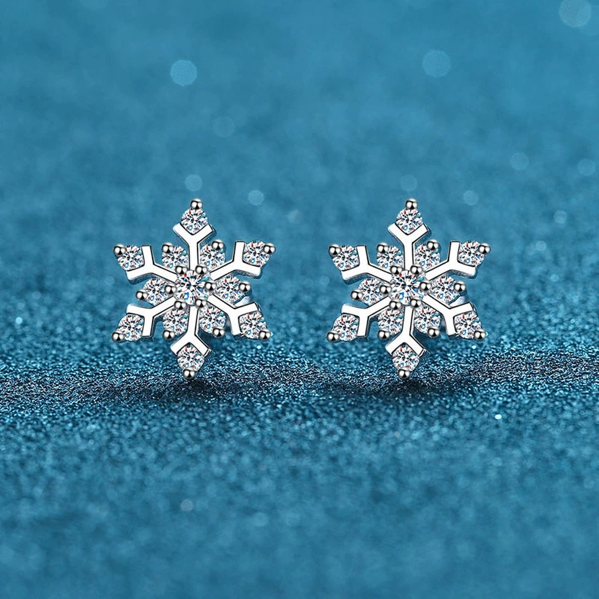 Snowflake Moissanite Stud Earrings in Rhodium-Plated S925 sterling silver product scene view showing front sparkle