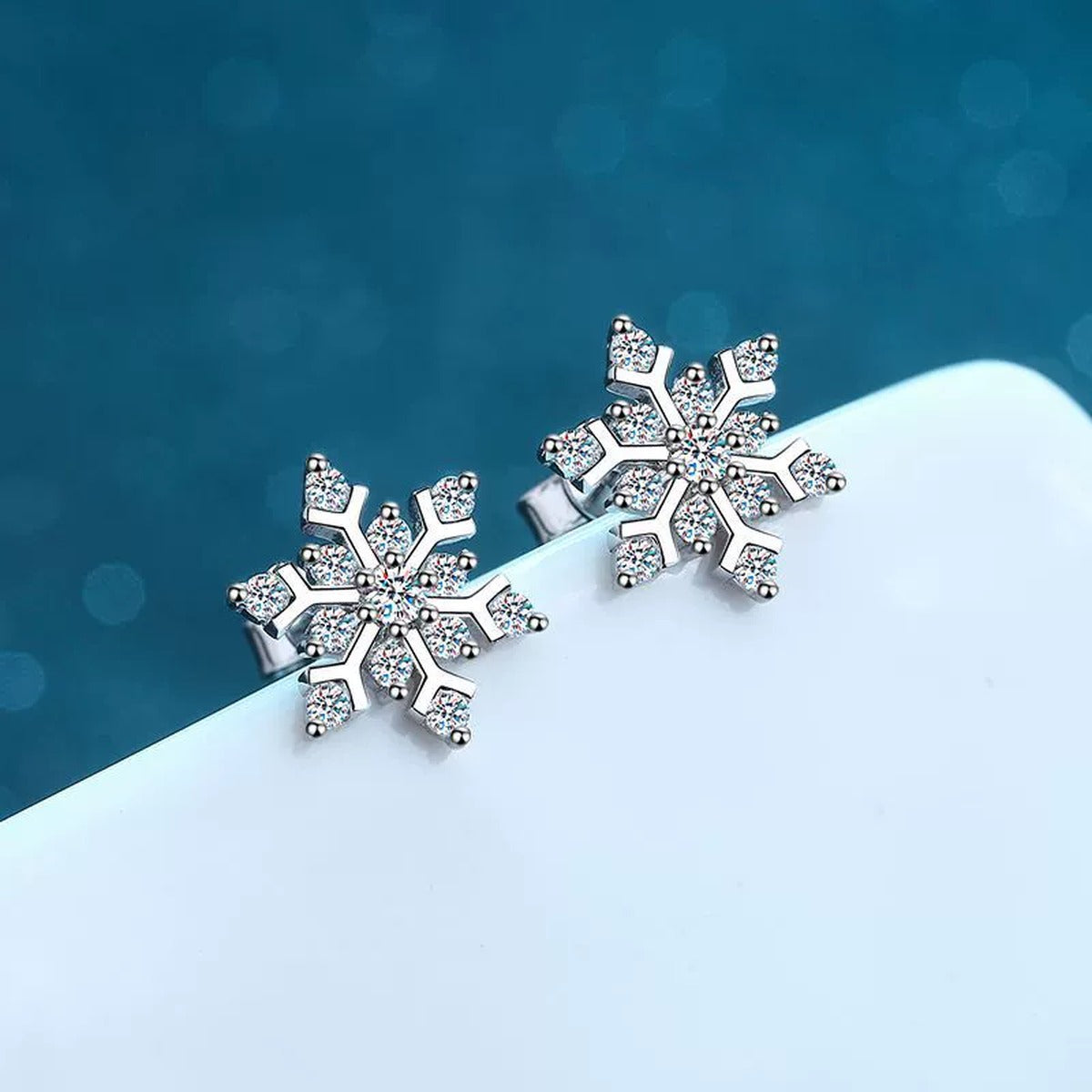 Snowflake Moissanite Stud Earrings in Rhodium-Plated S925 sterling silver product scene view showing angled setting detail