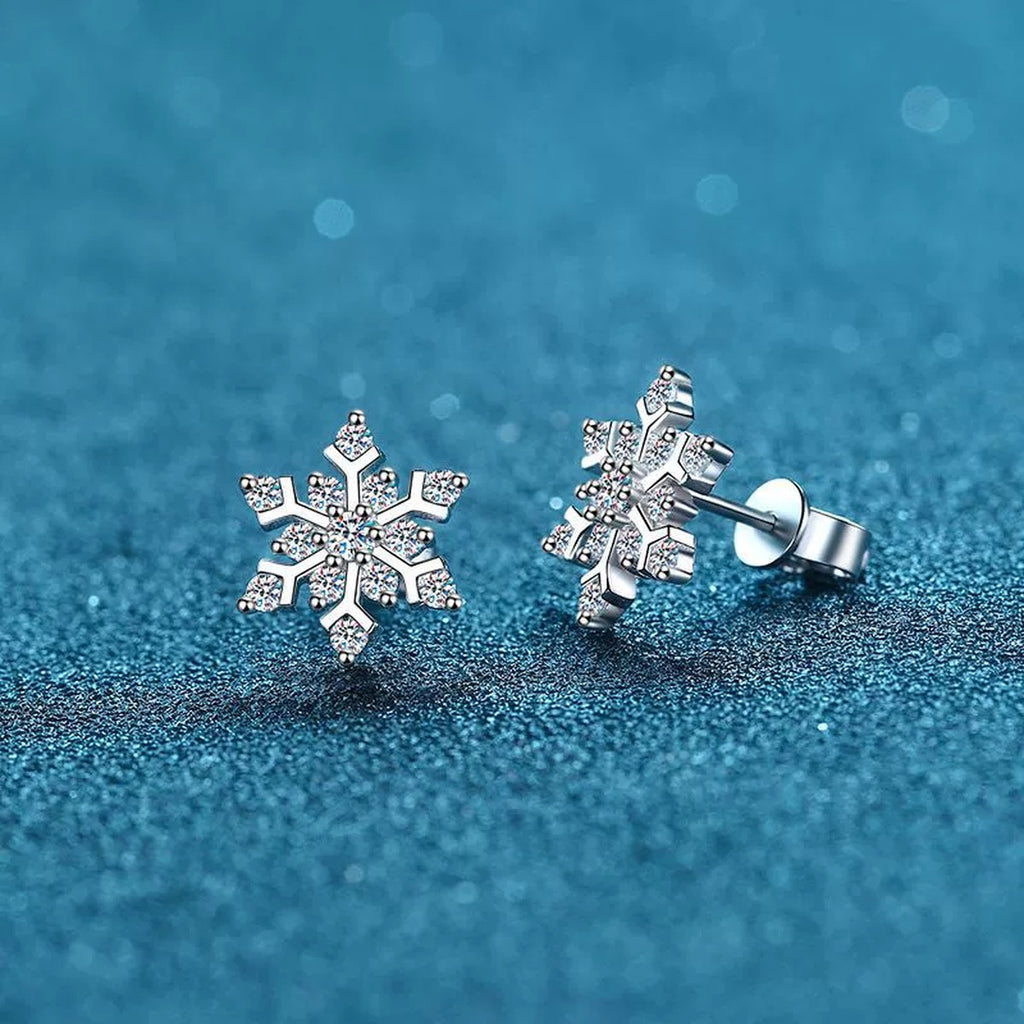 Snowflake Moissanite Stud Earrings in Rhodium-Plated S925 sterling silver product scene view showing side profile