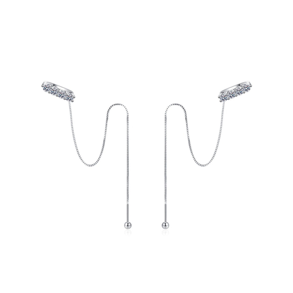 Moissanite Ear Climber Threader Earrings in Rhodium-Plated S925 sterling silver white background product photo showing the pair, stone shape, and ear climber threader earrings silhouette