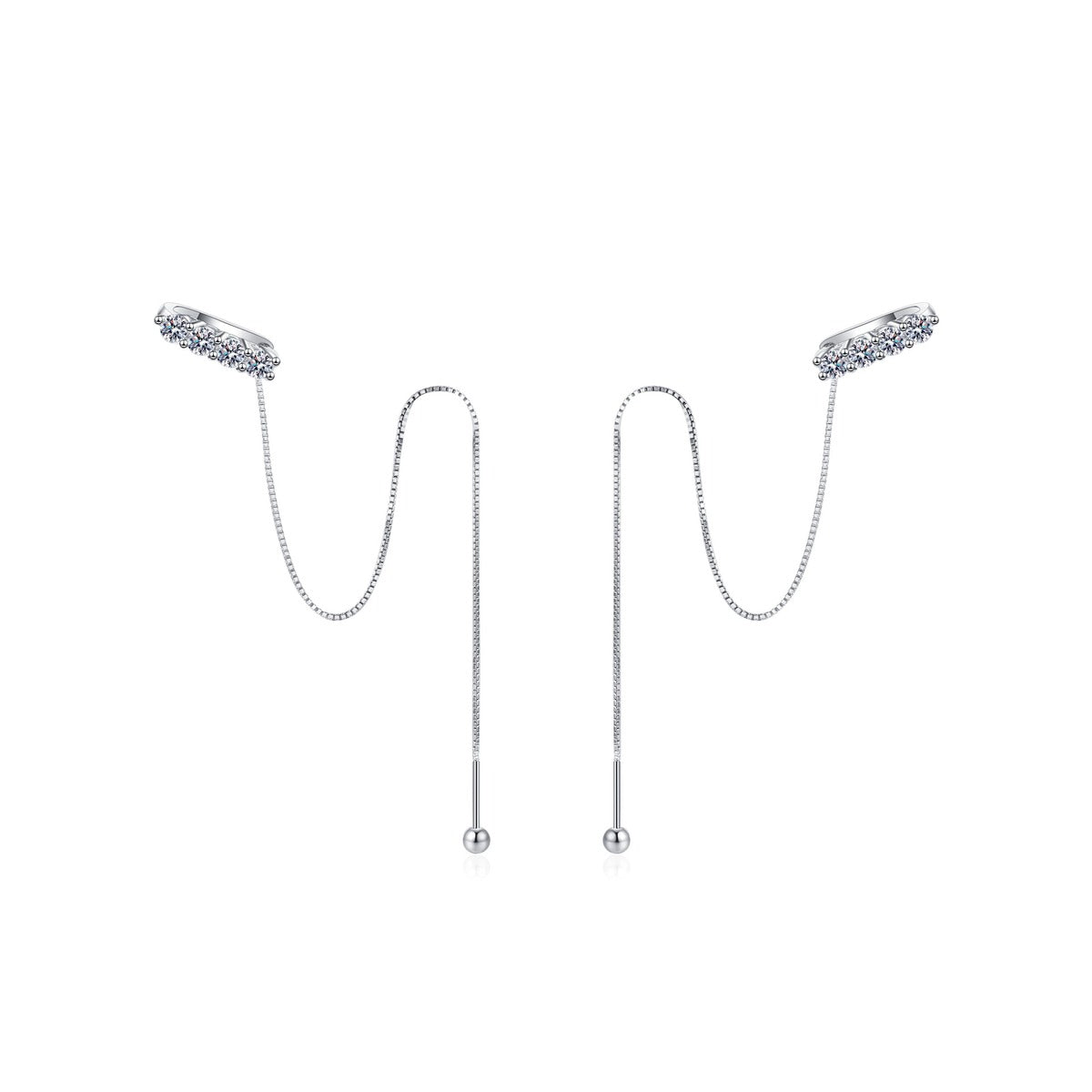 Moissanite Ear Climber Threader Earrings in Rhodium-Plated S925 sterling silver white background product photo showing the pair, stone shape, and ear climber threader earrings silhouette
