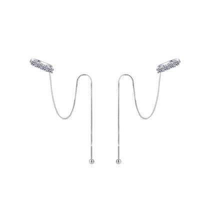 Moissanite Ear Climber Threader Earrings in Rhodium-Plated S925 sterling silver white background product photo showing the pair, stone shape, and ear climber threader earrings silhouette