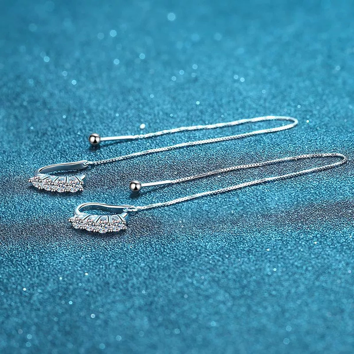 Moissanite Ear Climber Threader Earrings in Rhodium-Plated S925 sterling silver product scene view showing front sparkle