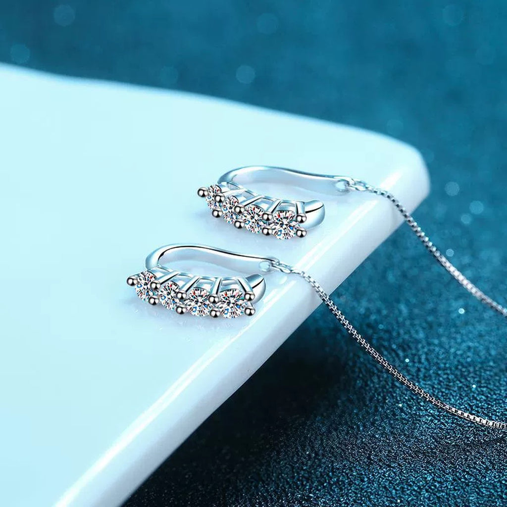 Moissanite Ear Climber Threader Earrings in Rhodium-Plated S925 sterling silver product scene view showing angled setting detail