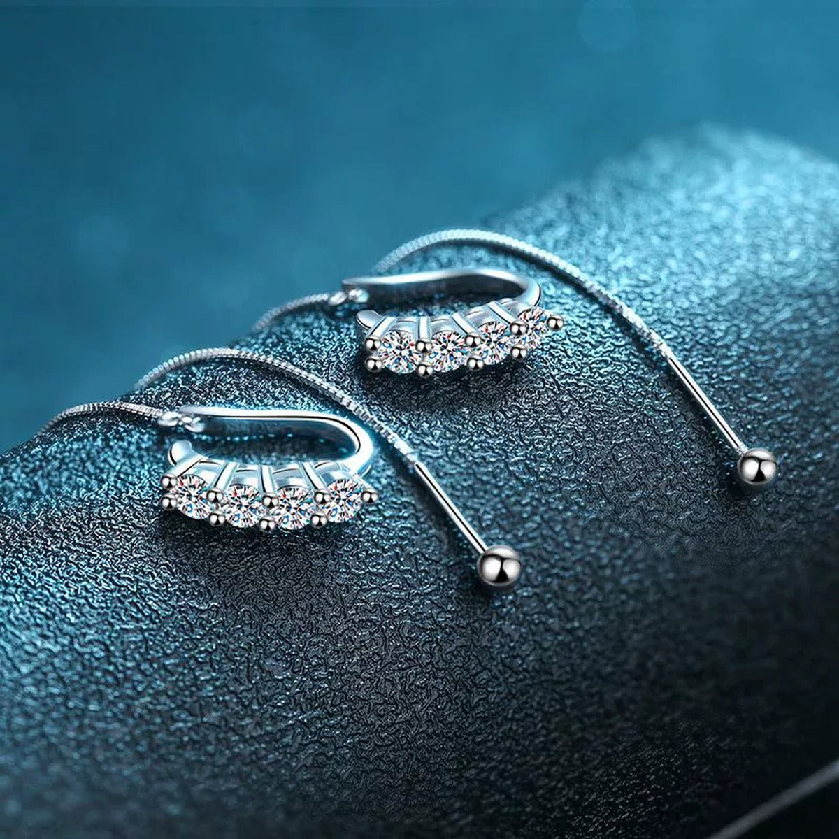 Moissanite Ear Climber Threader Earrings in Rhodium-Plated S925 sterling silver product scene view showing side profile