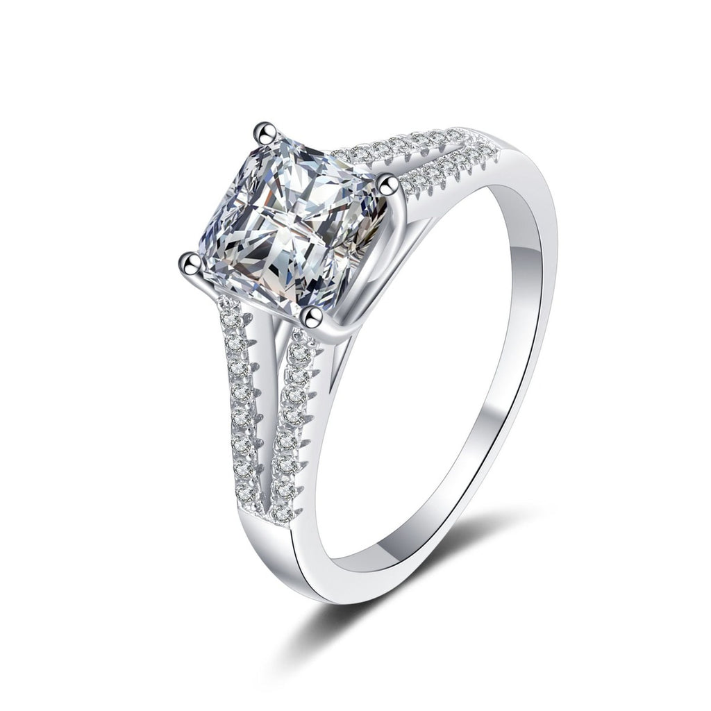 Princess Cut Moissanite Side Stone Engagement Ring with CZ in rhodium-plated S925 sterling silver on clean white background
